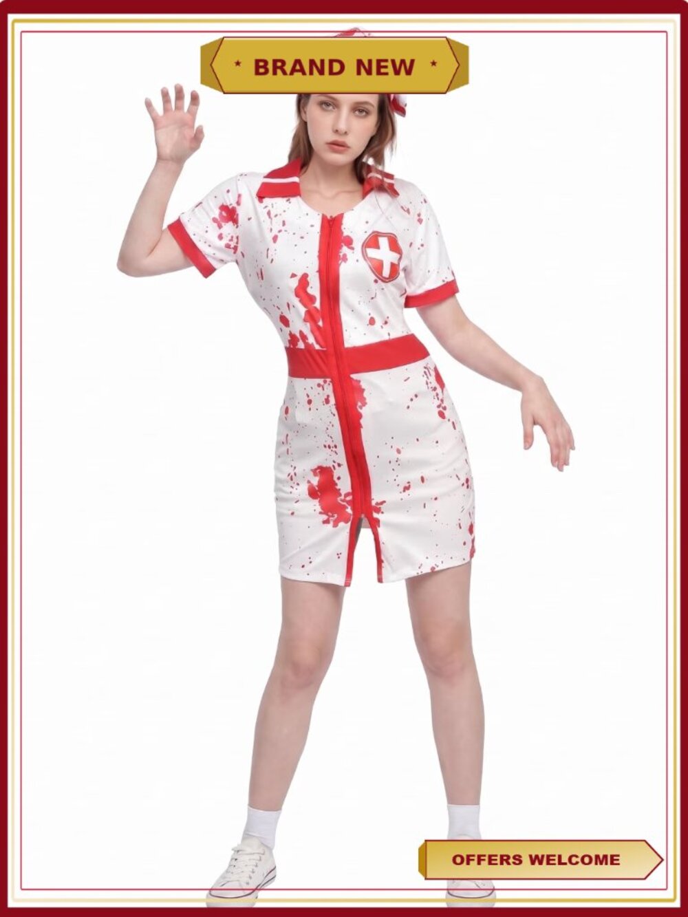 Adult Nurse Halloween Costume Dress with Accessories, Scary Zombie Nurse Outfit